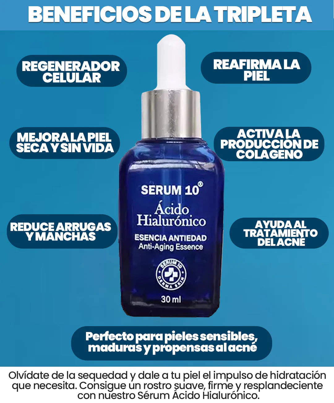 Sérum 10 Plus Ácido Hialurónico: Frescura, firmeza y juventud para tu piel en solo minutos.